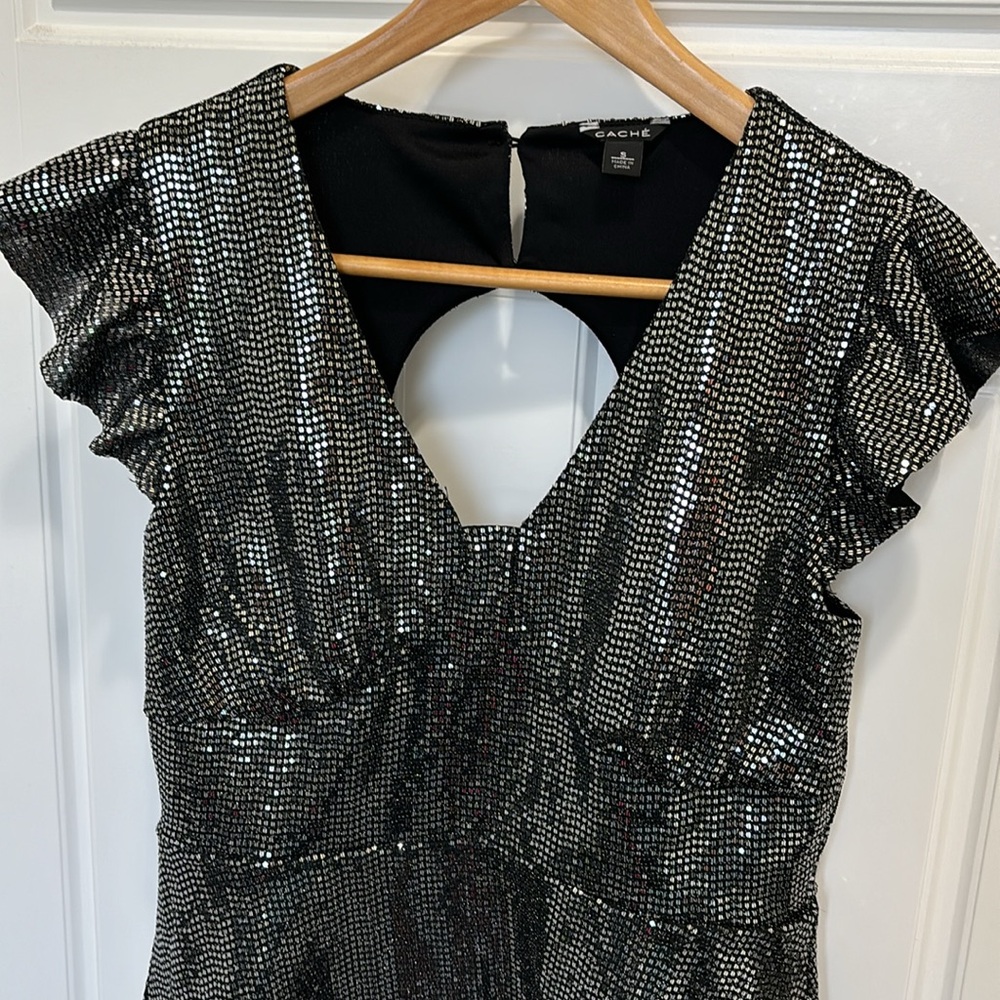 Cache Silver Sequin Top, Size Small - image 2